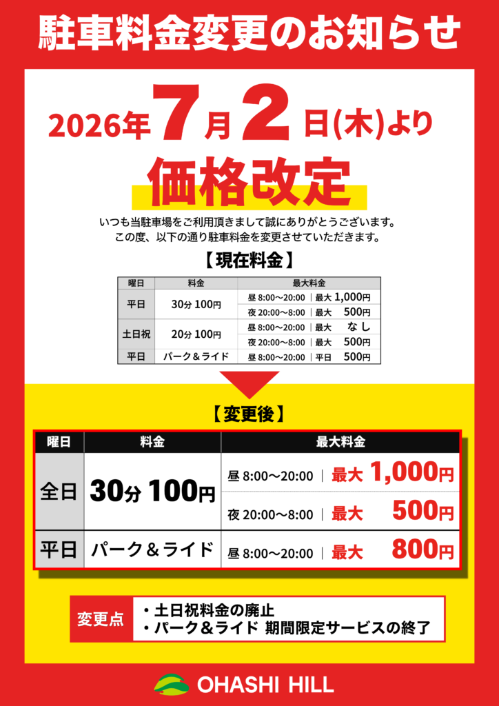 駐車料金改定 お知らせ 貼り紙